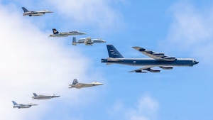 A B-52 Stratofortress leads a formation of a B-1 Lancer, A-10 Thunderbolt II, F-16 Fighting Falcon, F/A-18 Hornet, F-22 Raptor and F-35 Lightning II during the Hyundai Air and Sea Show in Miami, May 23, 2026. Known as the Arsenal of Freedom Formation, the flyover highlighted the Air Force’s ability to project combat power through a diverse fleet of aircraft.  (U.S. Air Force photo by Staff Sgt. Lauren Diaz)