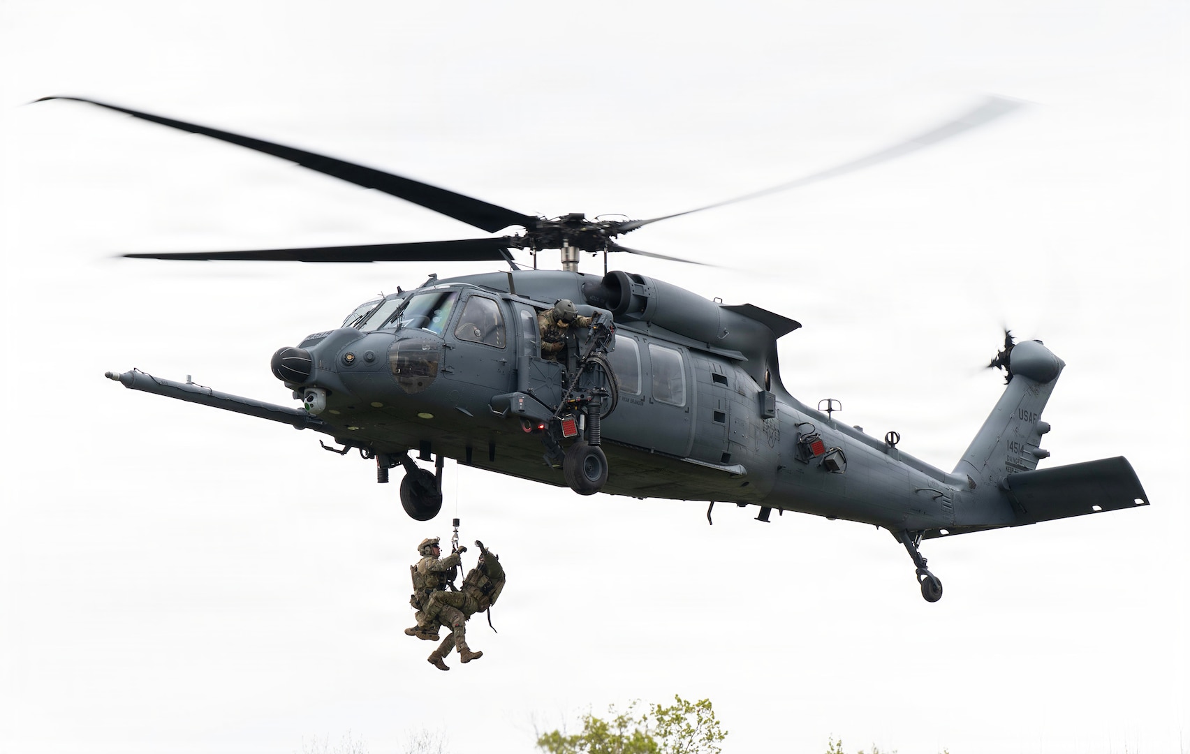 U.S. Air Force pararescuemen assigned to the 106th Rescue Wing, New York Air National Guard, conduct rappel operations during an Air Combat Readiness Inspection at Fort Drum, New York, May 14 2026.