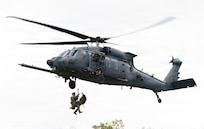 U.S. Air Force pararescuemen assigned to the 106th Rescue Wing, New York Air National Guard, conduct rappel operations during an Air Combat Readiness Inspection at Fort Drum, New York, May 14 2026.