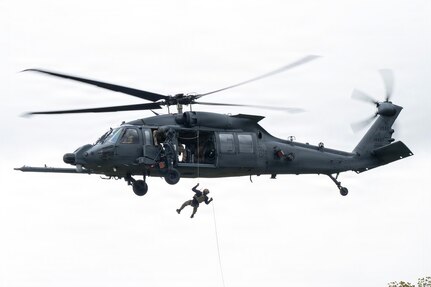 U.S. Air Force pararescuemen assigned to the New York Air National Guard 106th Rescue Wing conduct rappel operations during an Air Combat Command Combat Readiness Inspection at Fort Drum, New York, May 14, 2026.