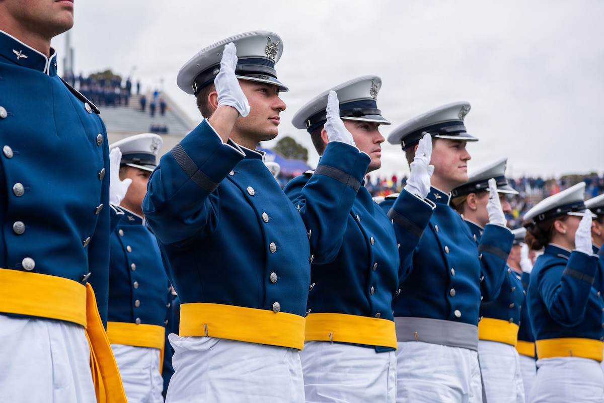 Cadets recite the Oath of Office during the U.S. Air Force Academy Class of 2026 graduation ceremony at Falcon Stadium in Colorado Springs, Colo., May 28, 2026. A total of 931 cadets received commissions as second lieutenants in the U.S. Air Force and U.S. Space Force. (U.S. Air Force photo by Trevor Cokley)