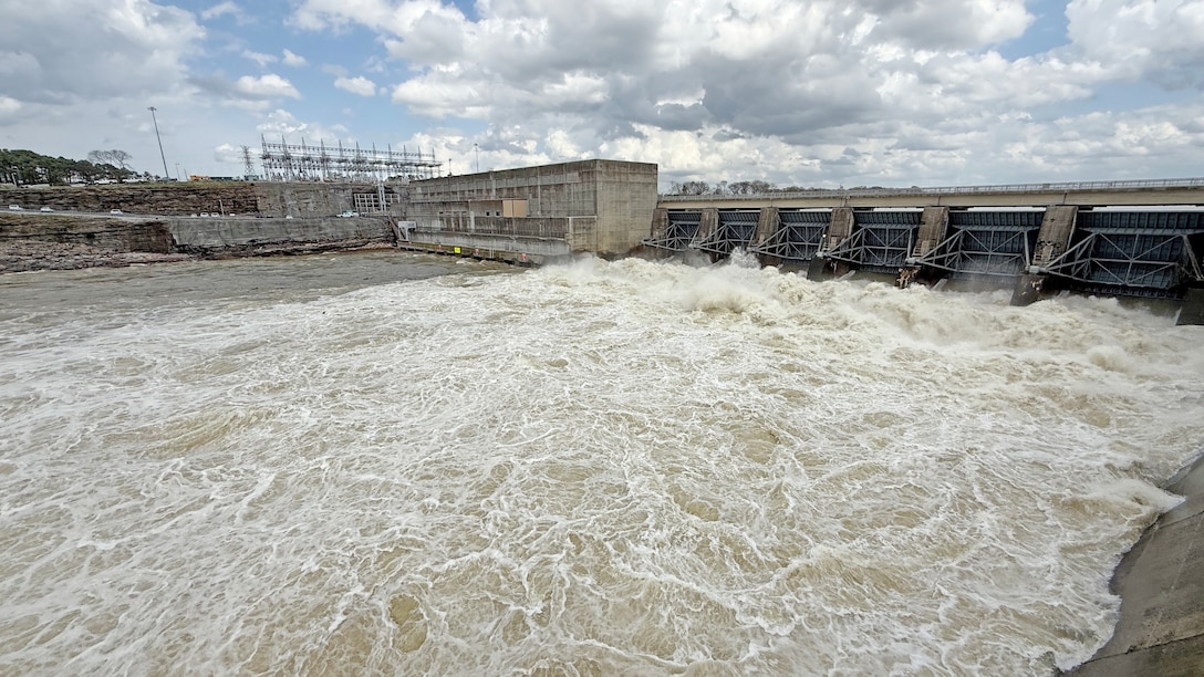 Old Hickory Dam spills April 4, 2024, on the Cumberland River in Hendersonville, Tennessee. The U.S. Army Corps of Engineers Nashville District operates and maintains this multipurpose dam. This Sunday marks National Dam Safety Awareness Day, an annual observance dedicated to educating the public about the 10 dams in the Cumberland River Basin, local flood risks, and the vital importance of preparedness for potential dam emergencies. (USACE Photo by Lee Roberts)