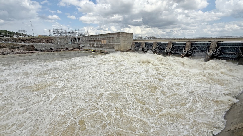 Old Hickory Dam spills April 4, 2024, on the Cumberland River in Hendersonville, Tennessee. The U.S. Army Corps of Engineers Nashville District operates and maintains this multipurpose dam. This Sunday marks National Dam Safety Awareness Day, an annual observance dedicated to educating the public about the 10 dams in the Cumberland River Basin, local flood risks, and the vital importance of preparedness for potential dam emergencies. (USACE Photo by Lee Roberts)