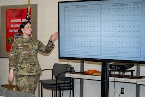 An Airman gestures to a screen with words on it.