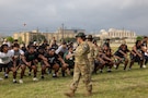 U.S. Army former Drill Sergeant calls out preparation drills with DeSoto's football team on March 25, 2026 at Sadowski Field at Fort Hood, Texas.
