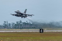 A U.S. Air Force F-16 Fighting Falcon assigned to the Ohio National Guard’s 180th Fighter Wing takes off for a training flight during Checkered Flag 26-2 and the Weapons System Evaluation Program-East at Tyndall Air Force Base, Fla., April 29, 2026.