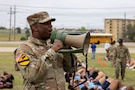 U.S. Army Sgt. 1st. Class Leroy Betts, operations and community engagement noncommissioned officer with the III Armored Corps Public Affairs Office, shouts directions to the students participating in the U.S. Army Experience on March 25, 2026, on Sadowski Field at Fort Hood, Texas.