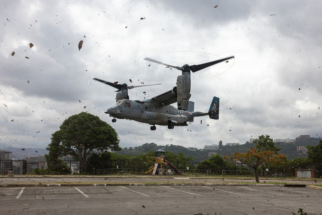 A U.S. Marine Corps MV-22B Osprey tiltrotor with Marine Medium Tiltrotor Squadron (VMM) 263 (Reinforced), lands, during an embassy visit in Caracas, Venezuela May 23, 2026. U.S. military forces are deployed to the Caribbean in support of the U.S. Southern Command mission, Department of War-directed operations, and the president’s priorities to disrupt illicit drug trafficking and protect the homeland. (U.S. Marine Corps photo)