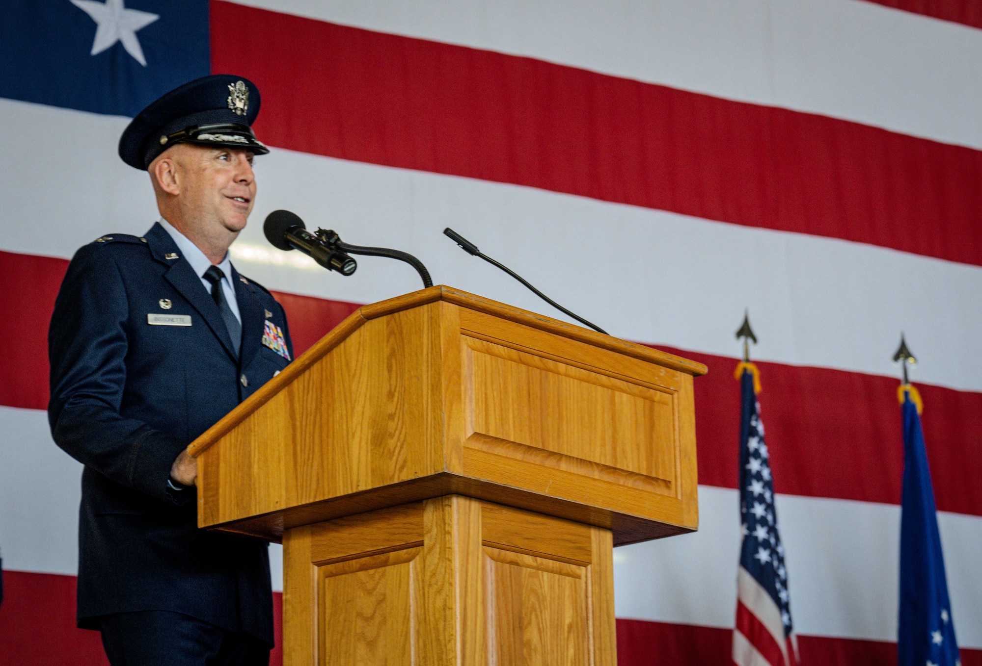 U.S. Air Force Col. Eric Bissonette, 47th Flying Training Wing (FTW) commander, delivers a speech during the 47th FTW change of command ceremony at Laughlin Air Force Base, Texas, May 28, 2026. Bissonette will oversee nearly 2,400 military and civilian personnel engaged in executing more than 38,000 aircraft sororities yearly in support of Laughlin’s Undergraduate Pilot Training mission. (U.S. Air Force photo by Airman 1st Class Harrison Sullivan)