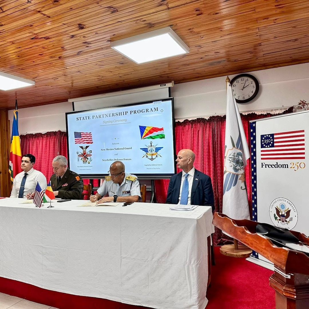 New Mexico National Guard at the signing ceremony were Joint Staff Director Brig. Gen. Pia Romero and State Command Sgt. Maj. Chris Poccia, whose presence underscored the Guard’s commitment to building a strong and enduring relationship with the Seychelles Defence Forces across all levels of leadership.