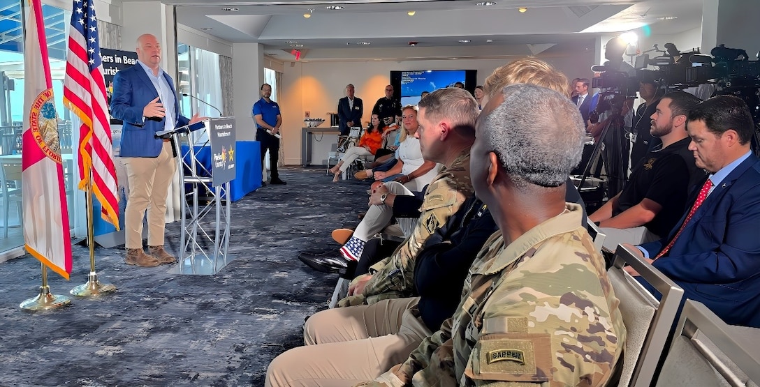 Assistant Secretary of the Army (Civil Works) Adam Telle addresses Pinellas County leadership before the U.S. Army Corps of Engineers, Jacksonville District conducts a Project Cooperation Agreement Amendment with Pinellas County, resolving longstanding implementation issues involving easement requirements and public access provisions that have created uncertainty surrounding future nourishment cycles.
