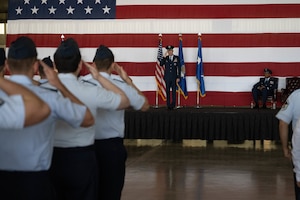 U.S. Air Force Col. Eric Bissonette, 47th Flying Training Wing (FTW) commander, gives his first salute as commander to his unit during the 47th FTW change of command ceremony at Laughlin Air Force Base, Texas, May 28, 2026. As commander, Bissonette will be responsible for 2,800 military and civilian personnel engaged in executing over 71,000 aircraft sorties annually in support of Laughlin’s Undergraduate Pilot Training mission. (U.S. Air Force photo by Airman 1st Class Darryl Keith)