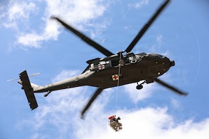 A person and a dog sit in a suspended basket lift attached to a helicopter that is airborne during a search and rescue exercise.