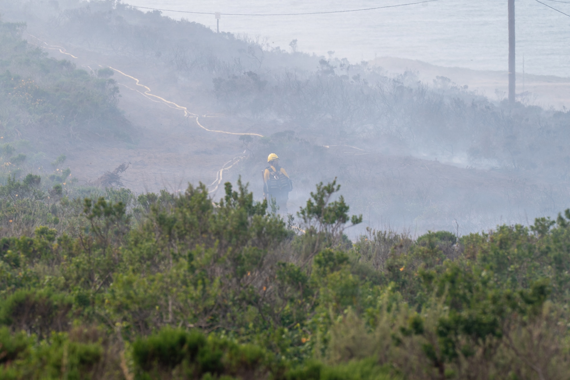 A firefighter walks through smoke along a dirt path up a hill.