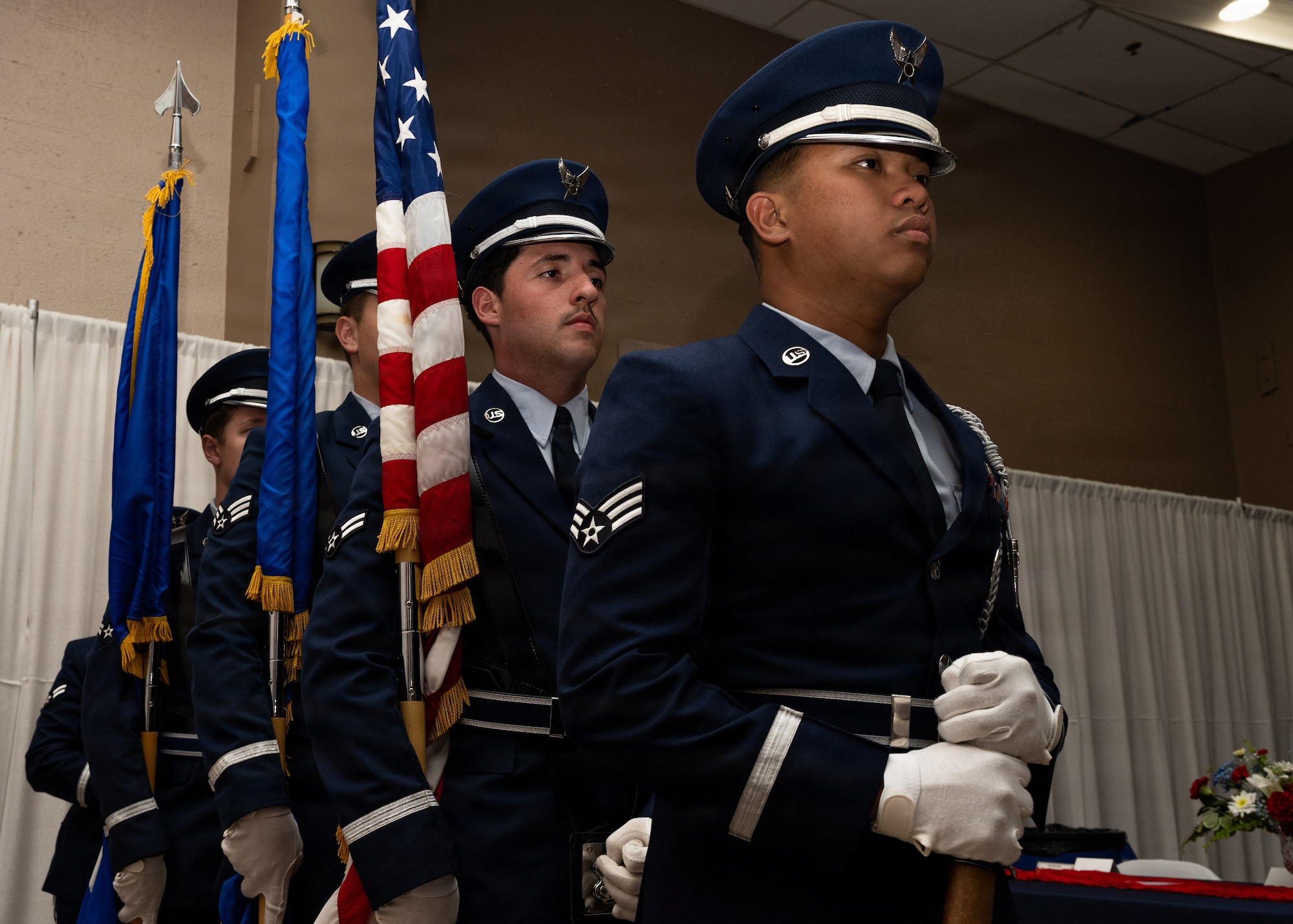 Holloman Air Force Base Steel Talons Honor Guard members await the Altus Military Affairs Community Support Award (Altus Trophy) presentation ceremony.