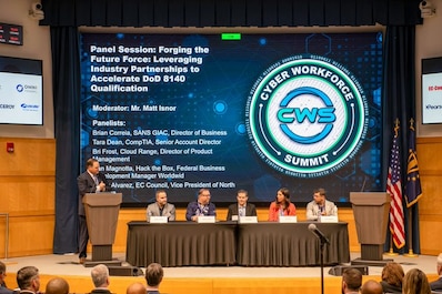 During the #CWS2.0 Mr. Matt Isnor, Division Chief for the WID’s Cyber Workforce Development Division, led a panel with industry experts where he explored opportunities for the to leverage industry partnerships to accelerate DoD 8140 Qualification. 
Panelists included: Wesley Alvarez, EC Council, Vice President of North America; Brian Correia, SANS, GIAC, Director of Business; Tara Dean, CompTIA, Senior Account Director; Bri Frost, Cloud Range, Director of Product Management; Dan Magnotta, Hack the Box, Federal Business Development Manager Worldwide. #DoWCIO #Cyber #Cybersecurity #Data #DoWCyberWorkforce #Cloud