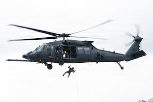 U.S. Air Force pararescuemen assigned to the New York Air National Guard 106th Rescue Wing conduct rappel operations during an Air Combat Command Combat Readiness Inspection at Fort Drum, New York, May 14, 2026.