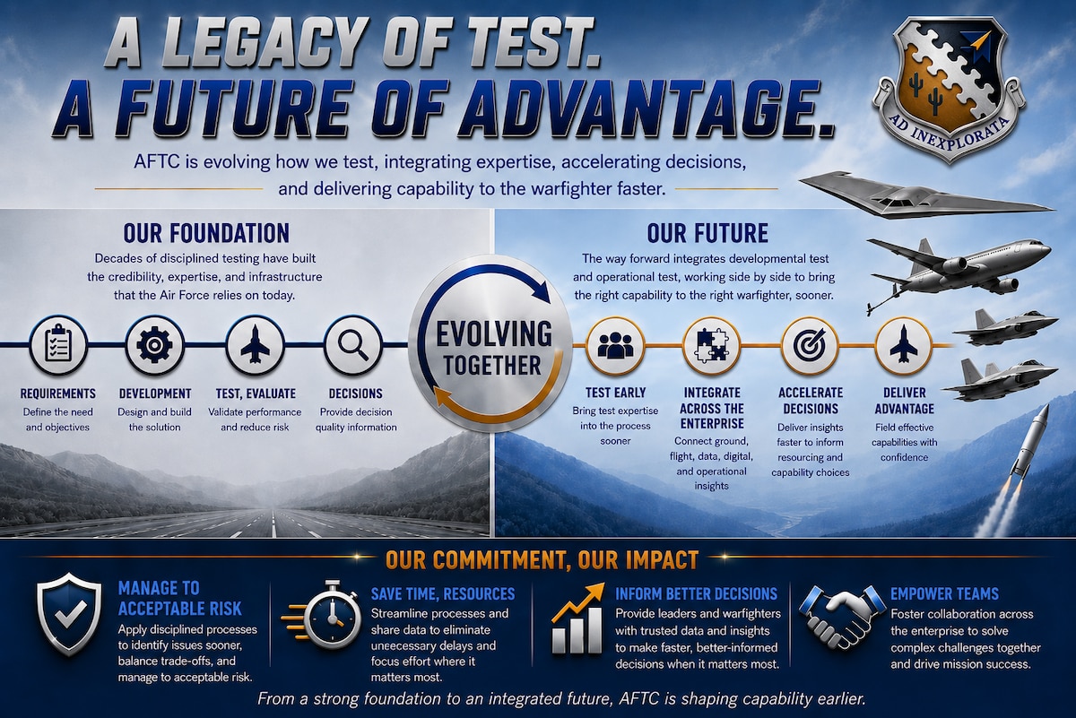 Graphic illustration highlighting AFTC's approach to reshape development test for faster capability delivery.