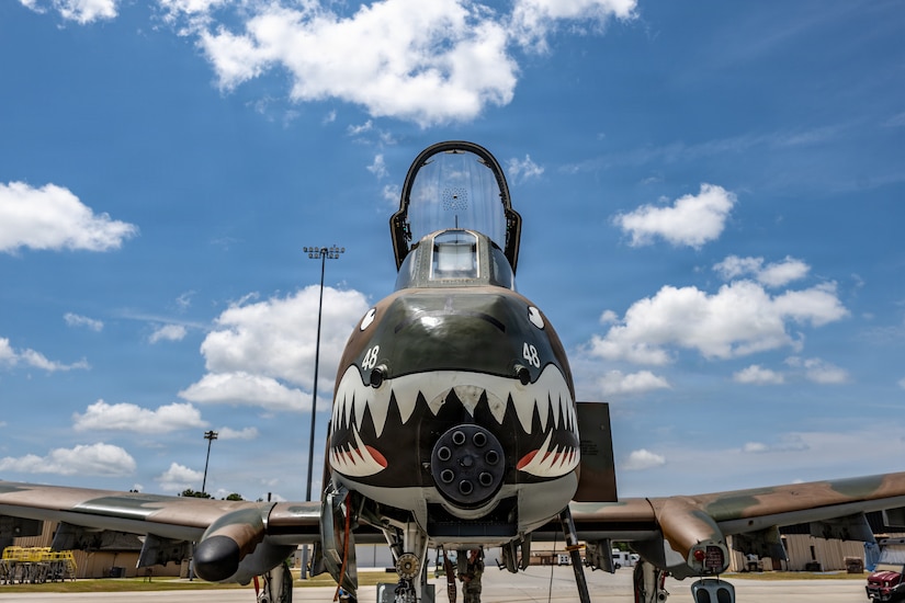 The front of a military jet parked on a tarmac with a paint job resembling a shark's head with a large mouth and jagged teeth.
