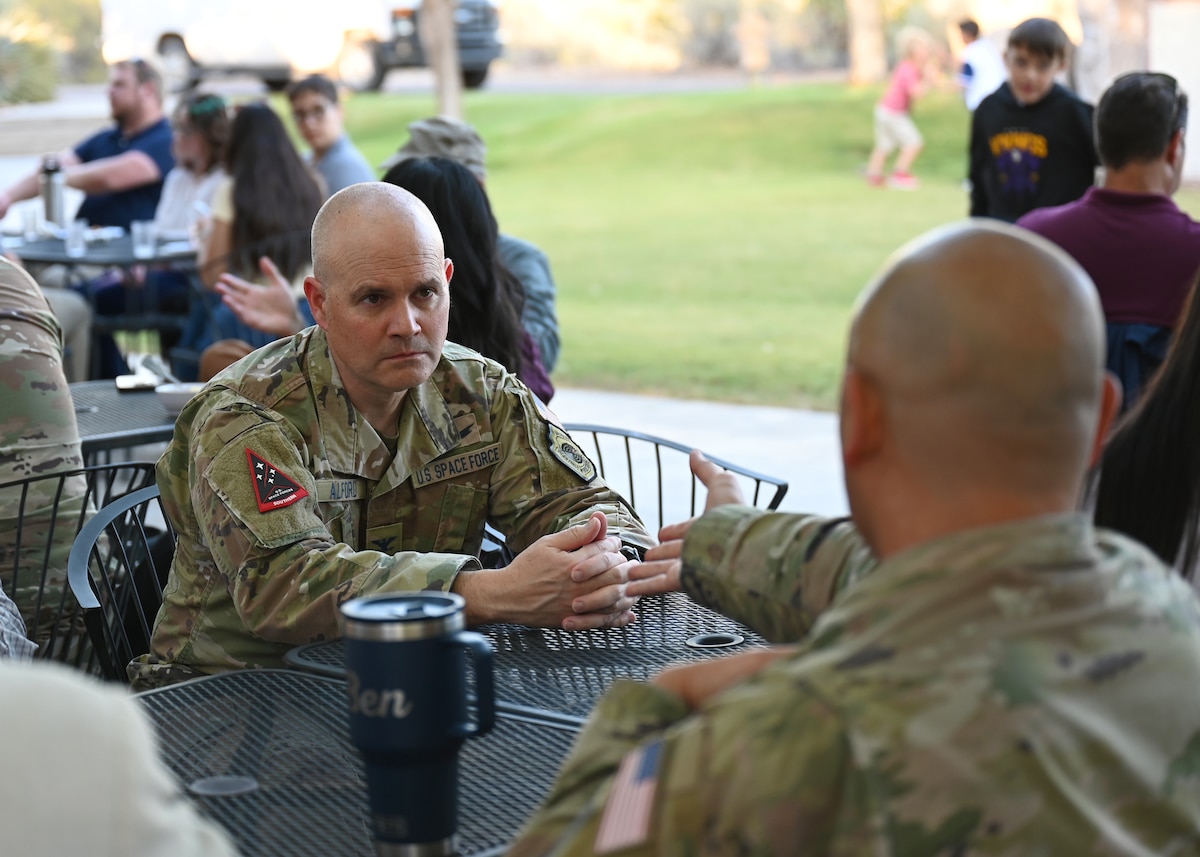 U.S. Space Force Col. Brandon Alford, Space Forces Southern commander, interacts with participants during a space immersion tour at the Space4 Center in Oracle, Arizona, May 27, 2026. The immersion tour was designed for furthering SPACEFOR-SOUTH’s relationship with space educational facilities. (U.S. Air Force photo by Staff Sgt. Abbey Rieves)