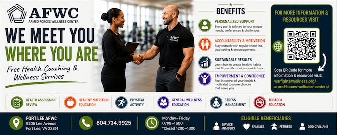 The Armed Forces Wellness Center graphic highlighting free health coaching and wellness services, including health assessments, nutrition education, stress management, etc.