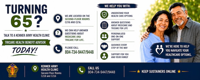 Graphic design highlighting that Kenner Army Health Clinic offers one-on-one support to help beneficiaries understand Medicare and Tricare for Life.