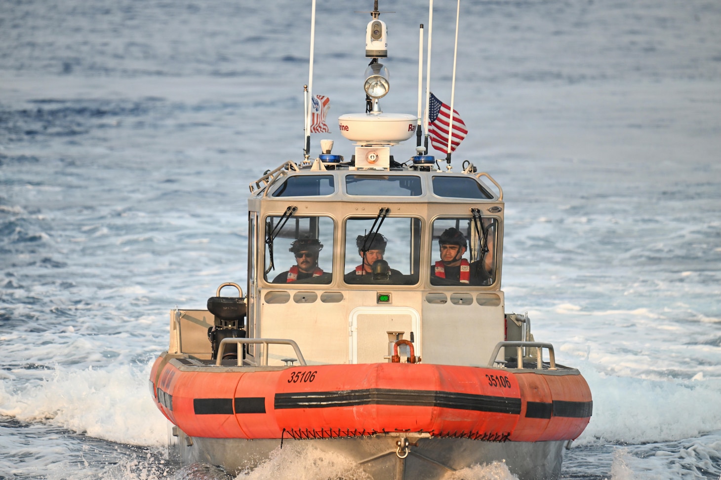 A U.S. Coast Guard 35-foot Long-Range Interceptor embarked cutter boat prepares to recover in the notch of Legend-class cutter USCGC Midgett (WMSL 757) after completing a passenger transfer with Philippine Navy BRP Antonio Luna (FFG-151) during the Maritime Cooperative Activity (MCA) in the Philippines’ Exclusive Economic Zone, May 28, 2026. The U.S Navy routinely operates with the Armed Forces of the Philippines and partners and allies through MCAs to continually develop, exercise and enhance multi-domain tactical interoperability to uphold peace and security in the region. Midgett is forward-deployed and assigned to Destroyer Squadron (DESRON) 15, the Navy’s largest DESRON and U.S. 7th Fleet’s principal surface force. U.S. 7th Fleet, the Navy’s largest forward-deployed numbered fleet, routinely interacts and operates with allies and partners in preserving a free and open Indo-Pacific.  (U.S. Coast Guard Photo by Petty Officer 3rd Class Austin Wiley)