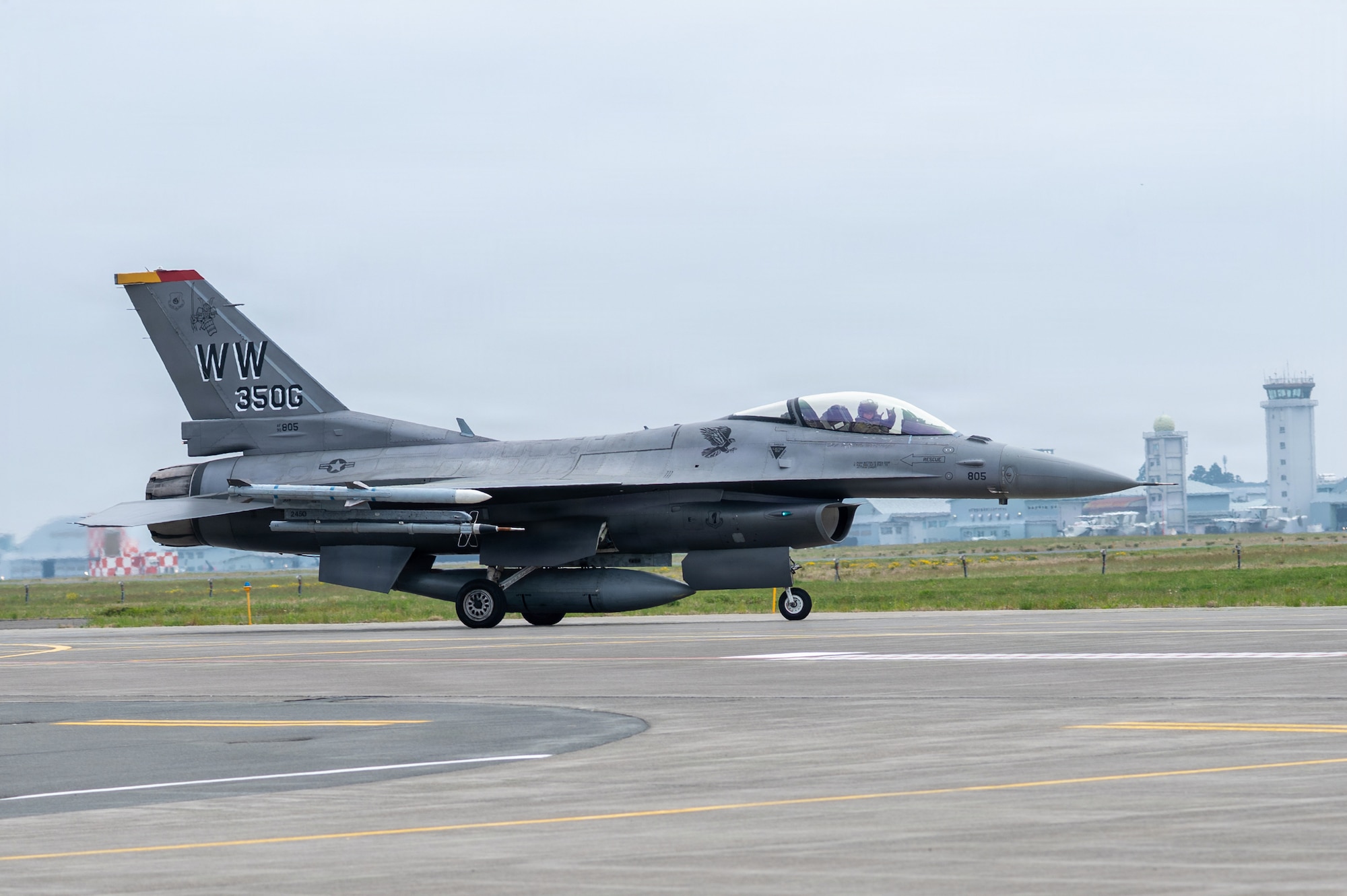U.S. Air Force Col. Paul “Voodoo” Davidson, 35th Fighter Wing (FW) commander, taxis down the runway during a training sortie