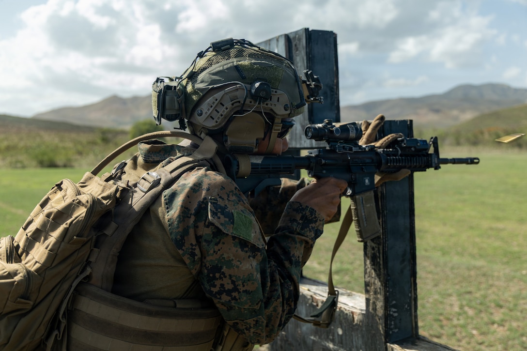 A U.S. Marine with 3rd Battalion, 2nd Marine Regiment, Littoral Combat Force-24, fires an M4 service rifle during a long bay range on Camp Santiago Joint Training Center, Puerto Rico, August 18, 2026. U.S. military forces are deployed to the U.S. Southern Command area of responsibility in support of Joint Task Force Western Hemisphere, Department of War-directed operations, and the President's priorities to disrupt illicit drug trafficking, deter malign actors and protect the homeland through continuous presence. (U.S. Marine Corps photo)