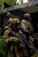 U.S. Soldiers assigned to the 173rd Mobile Brigade Combat Team, provide security during Saber Junction 26-11 at the Hohenfels Training Area, Joint Multinational Readiness Center (JMRC), Germany, Aug. 28, 2026. 7th Army Training Command provides a unique environment in Europe to develop leaders and formations who are prepared for large-scale combat operations, improving readiness. (U.S. Army Photo by SPC. Kaleb Lampkin)