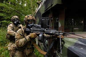 U.S. Soldiers assigned to the 173rd Mobile Brigade Combat Team, provide security during Saber Junction 26 at the Hohenfels Training Area, Joint Multinational Readiness Center (JMRC), Germany, Aug. 28, 2026. 7th Army Training Command provides a unique environment in Europe to develop leaders and formations who are prepared for large-scale combat operations, improving readiness. (U.S. Army Photo by SPC. Kaleb Lampkin)