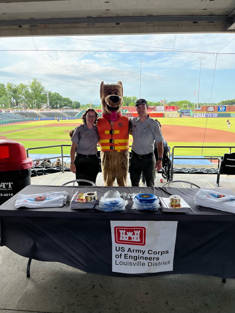 The U.S. Army Corps of Engineers Park Rangers from Barren River Lake and Bobber the Water Safety Dog visited the Bowling Green Hot Rods stadium to connect with fans and share important water safety messages in June 2026.