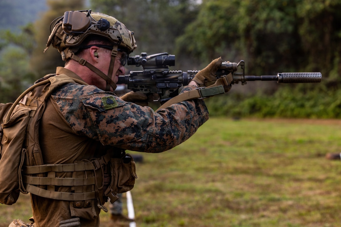 U.S. Marine Corps Sgt. James Martin, a squad leader with Alpha Company, 1st Battalion, 5th Marine Regiment, Marine Rotational Force – Darwin 26, fires an M4 carbine during a live-fire range as part of a platoon exchange at the Indonesian Marine Corps 9th Battalion near Lampung, Indonesia, Aug. 21, 2026.