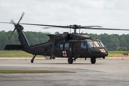 A new U.S. Army HH-60M Black Hawk helicopter arrives at the South Carolina Army National Guard’s Army Aviation Support Facility 1, or AASF1, on McEntire Joint National Guard Base in Eastover, South Carolina, Aug. 27, 2026.