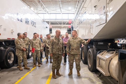 U.S. Air Force Master Sgt. Matthew Bickley, 581st Missile Maintenance Squadron ground systems section deputy flight chief, points out key updates to a Minuteman III transporter erector trailer to Gen. S.L. Davis, commander of Air Force Global Strike Command, during a visit at Hill Air Force Base, Utah, Aug. 3, 2026. The command’s leaders visited the installation and nearby Promontory during a two-day immersion that provided a direct look at the ongoing efforts to build and field the LGM-35A Sentinel intercontinental ballistic missile system. (U.S. Air Force photo by Cynthia Griggs)