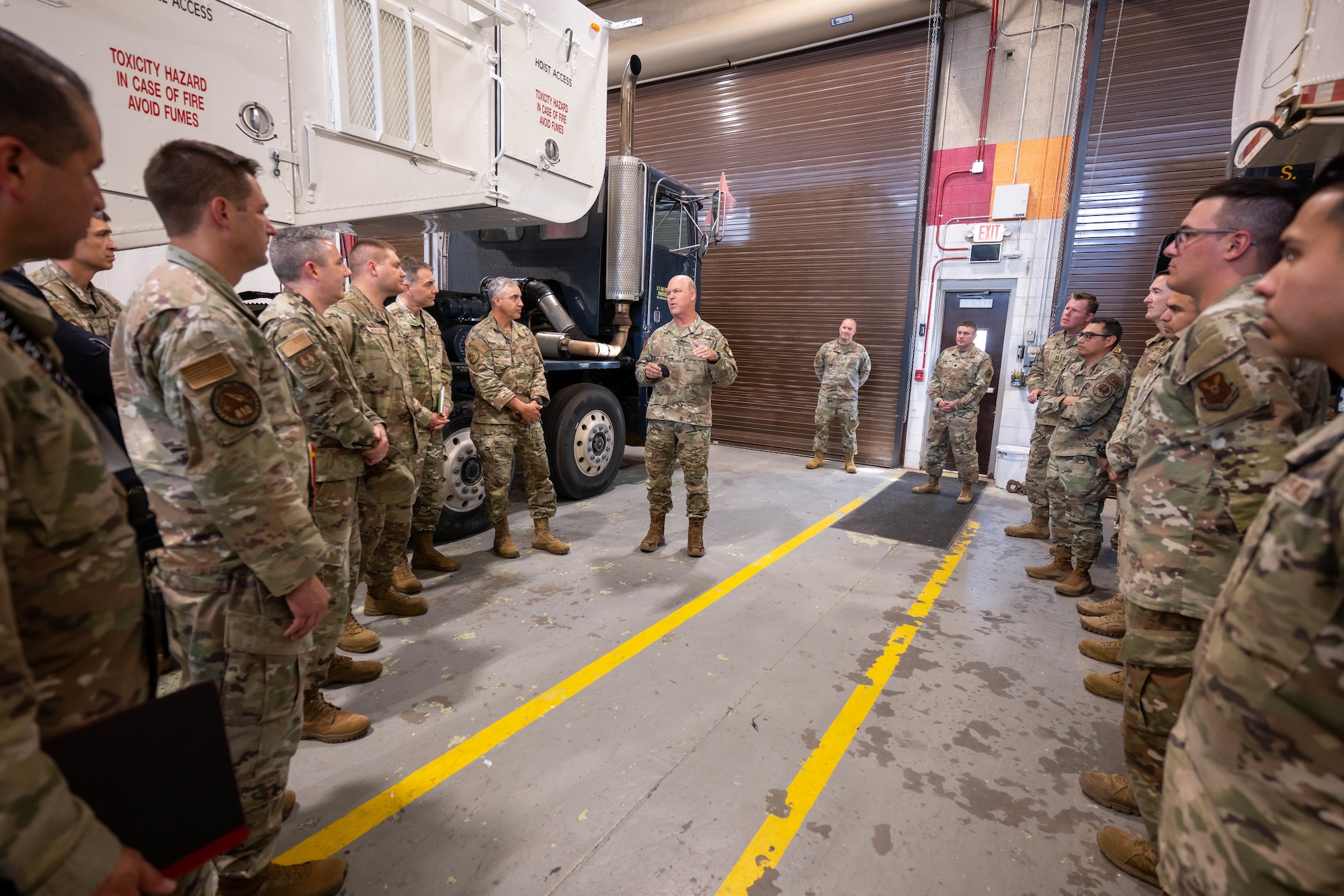 U.S. Air Force Gen. S.L. Davis, commander of Air Force Global Strike Command, speaks with Airmen on the progression of the command’s nuclear modernization efforts during a tour of a Minuteman III transporter erector maintenance facility at Hill Air Force Base, Utah, Aug. 3, 2026. The command’s leaders visited the installation and nearby Promontory during a two-day immersion that provided a direct look at the ongoing efforts to build and field the LGM-35A Sentinel intercontinental ballistic missile system. (U.S. Air Force photo by Cynthia Griggs)