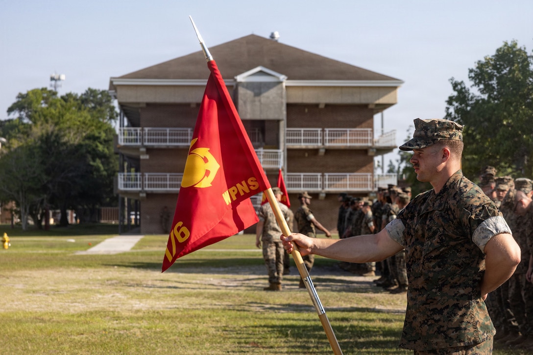 U.S. Marines with 1st Battalion, 6th Marine Regiment participate in a rededication ceremony as part of the 109th birthday celebration on Marine Corps Base Camp Lejeune, North Carolina, July 9, 2026.