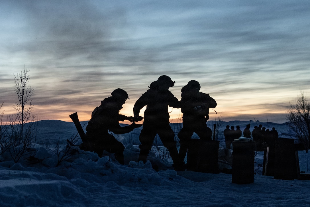 U.S. Marines with 2nd Battalion, 6th Marine Regiment, 2nd Marine Division, prepare to fire a M252 81 mm mortar during exercise Cold Response 26 in Setermoen, Norway, Feb. 19, 2026.