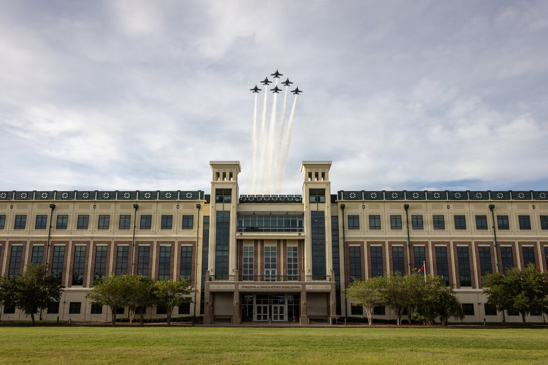 U.S. Navy F/A-18 Super Hornet aircraft with flight demonstration squadron, the Blue Angels, perform a fly-over at Marine Corps Support Facility New Orleans, Aug. 30, 2026. The Blue Angels performed this fly-over in celebration of 110th anniversary of the Marine Corps Reserve. (U.S. Marine Corps photo by Staff Sgt. Scott Jenkins)