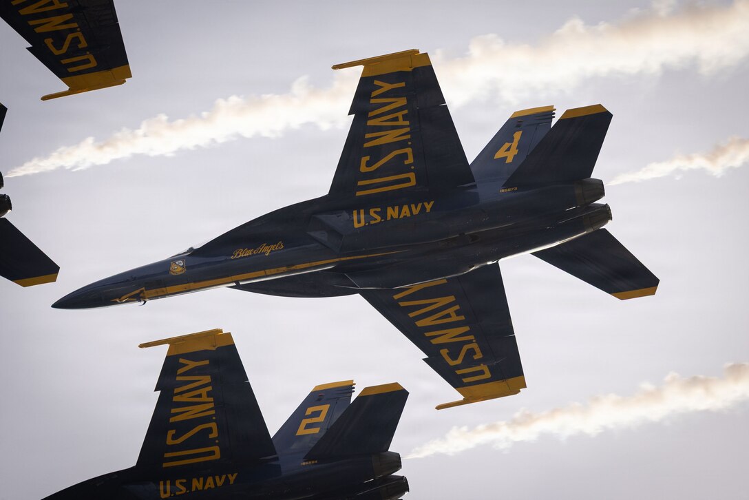 U.S. Marine Corps Lt. Col. Brandon “Wobbly” Wilkins, an F/A-18 Super Hornet pilot with flight demonstration squadron, the Blue Angels, performs a fly-over at Marine Corps Support Facility New Orleans, Aug. 30, 2026. The Blue Angels performed this fly-over in celebration of 110th anniversary of the Marine Corps Reserve. (U.S. Marine Corps photo by Sgt. Emily De La Torre)