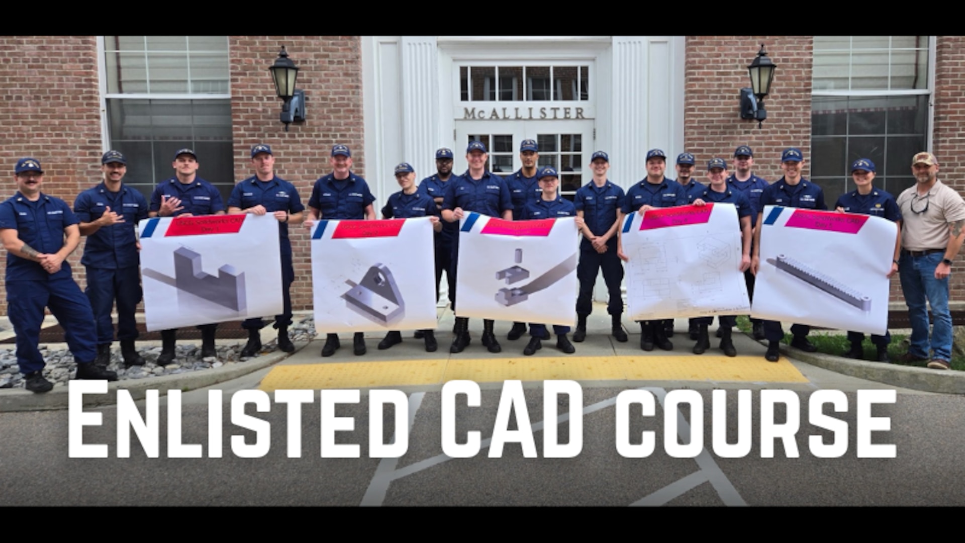 Coast Guard enlisted members who attended the Computer Aided Drawing (CAD) course hold up schematics and models of parts they designed at the Coast Guard Academy, in New London, Conn., July 2026.