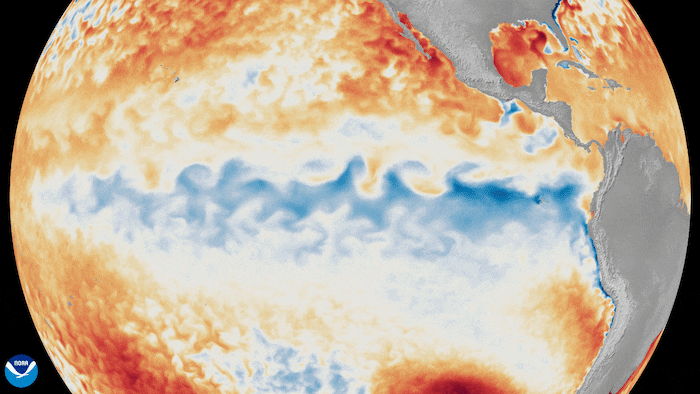 National Oceanic and Atmospheric Administration satellites show changes in sea surface temperature departures from average across the tropical Pacific Ocean from Jan. 1 through June 8, 2026. (NOAA Animation)