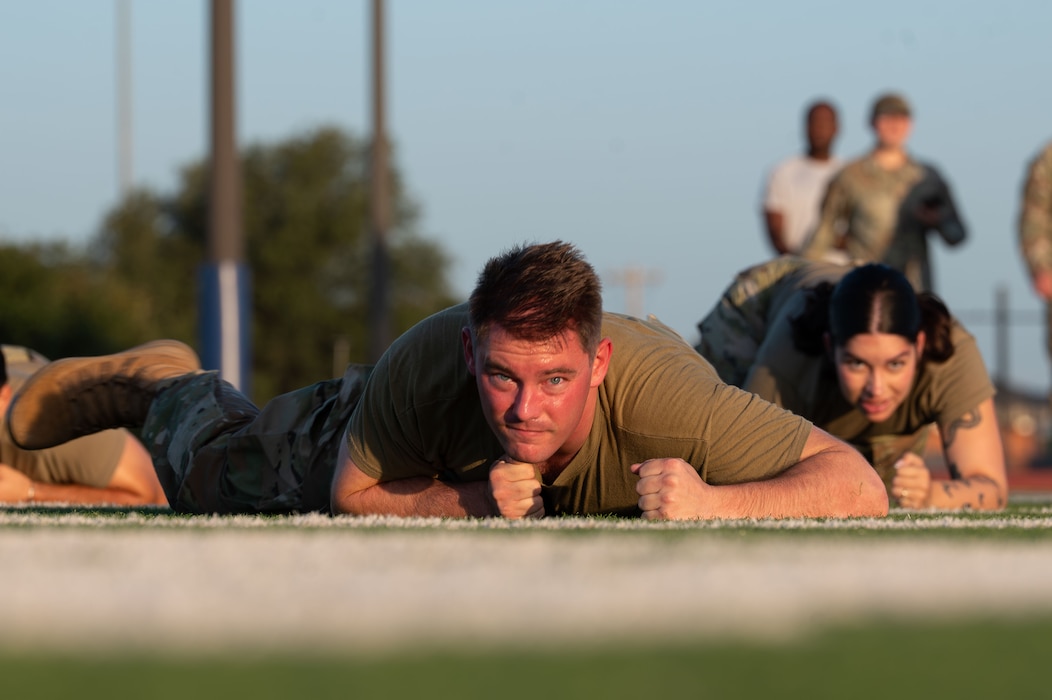 U.S. Air Force 2nd Lt. Christopher Todd, 17th Comptroller Squadron financial services officer, participates in an Iron Ledger combat fitness test at Goodfellow Air Force Base, Texas, Aug.19, 2026.