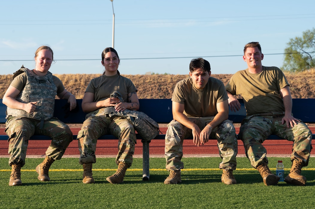 U.S. Airmen assigned to the 17th Comptroller Squadron pose for a group photo after completing an Iron Ledger combat fitness test at Goodfellow Air Force Base, Texas, Aug. 19, 2026.