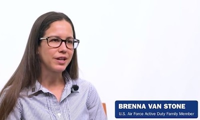 Woman speaking to camera. Text reads: "Brenna Van Stone, U.S. Air Force Active Duty Family Member"