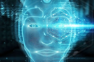 A human-like face is rendered in glowing blue grid lines on a computer screen.