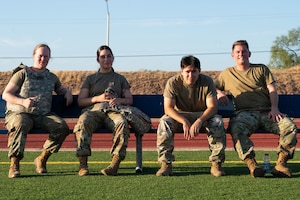 U.S. Airmen assigned to the 17th Comptroller Squadron pose for a group photo after completing an Iron Ledger combat fitness test at Goodfellow Air Force Base, Texas, Aug. 19, 2026.