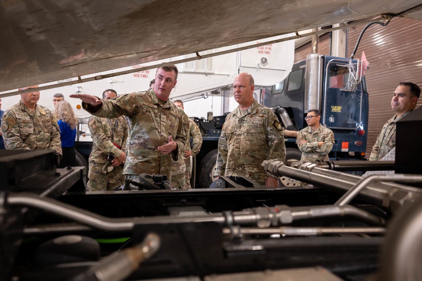 U.S. Air Force Staff Sgt. James Harris, 377th Missile Maintenance Squadron missile handling team chief, briefs Gen. S.L. Davis, commander of Air Force Global Strike Command, on recent work done to a Minuteman III transporter erector trailer during a visit to Hill Air Force Base, Utah, Aug. 3, 2026. The command’s leaders visited the installation and nearby Promontory during a two-day immersion that provided a direct look at the ongoing efforts to build and field the LGM-35A Sentinel intercontinental ballistic missile system. (U.S. Air Force photo by Cynthia Griggs)