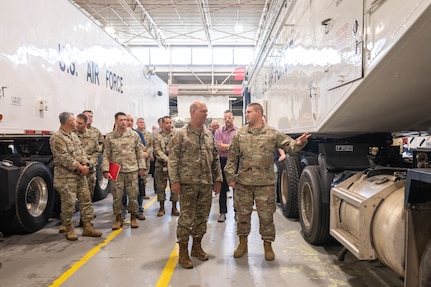 U.S. Air Force Master Sgt. Matthew Bickley, 581st Missile Maintenance Squadron ground systems section deputy flight chief, points out key updates to a Minuteman III transporter erector trailer to Gen. S.L. Davis, commander of Air Force Global Strike Command, during a visit at Hill Air Force Base, Utah, Aug. 3, 2026. The command’s leaders visited the installation and nearby Promontory during a two-day immersion that provided a direct look at the ongoing efforts to build and field the LGM-35A Sentinel intercontinental ballistic missile system. (U.S. Air Force photo by Cynthia Griggs)