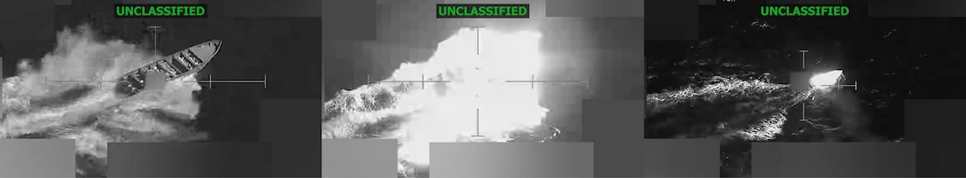 A black and white panel of three photos showing a small boat at sea before, during and after being blown up by fire from above.